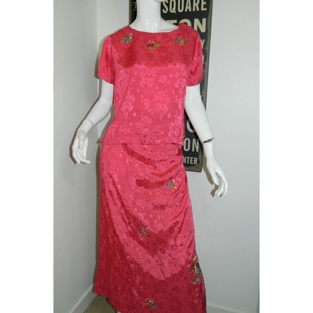 April Cornell‎ Two-Piece Skirt Set 90s Pink Vgt Embroidered Wrap Skirt Top Small
